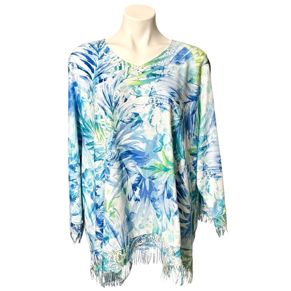 Alfred Dunner Tropical Print Lightweight Sweater With Fringe 3X Green/Blue
